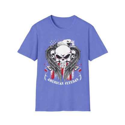 Front close-up highlighting the unisex relaxed fit, featuring the American Veteran logo printed on soft cotton fabric with a