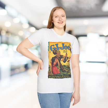 Close-up of the G.I. Joe No.34 unisex softstyle T-shirt’s relaxed fit neckline and vibrant crimson color from a slightly