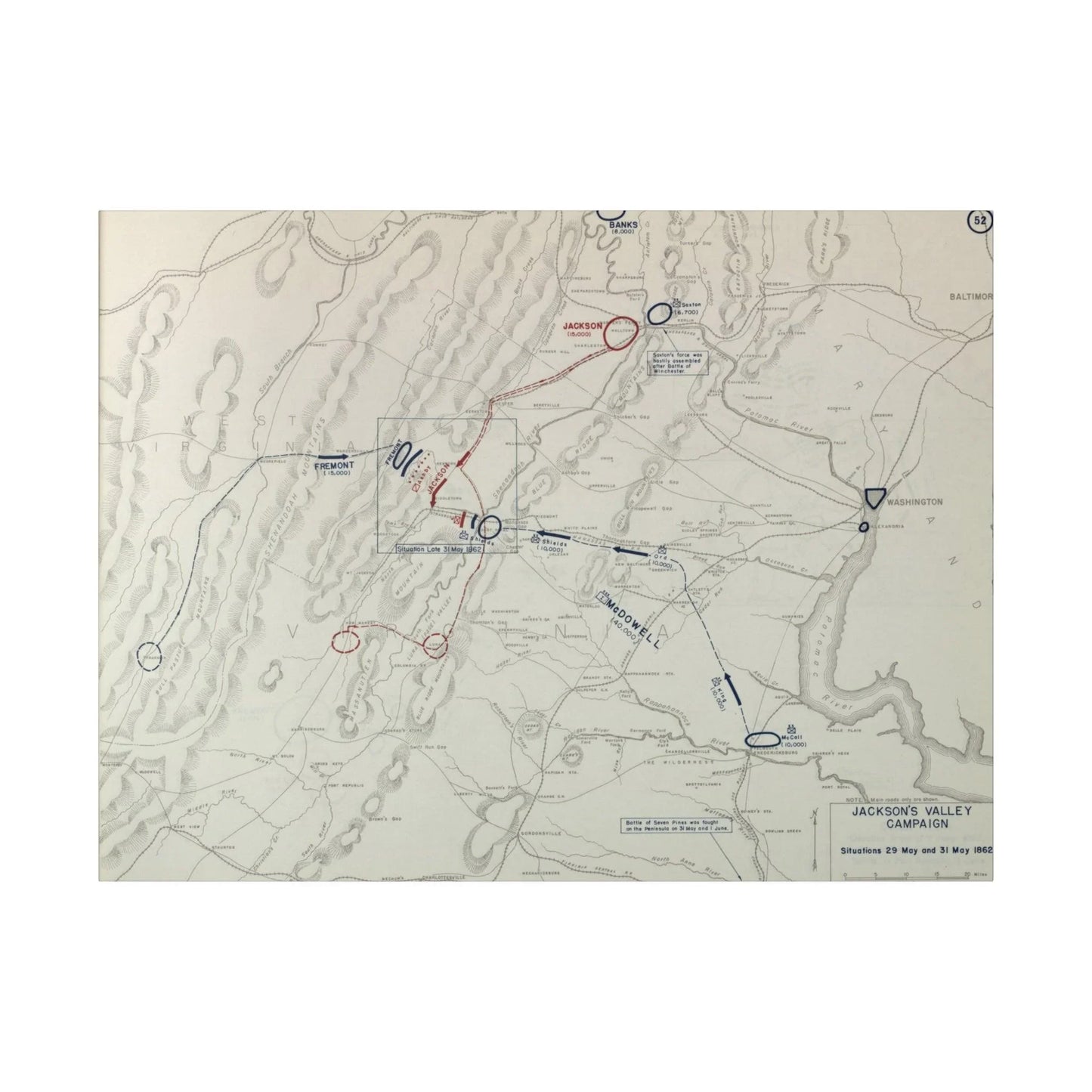 Printify canvas print depicting Civil War Jackson's Valley Campaign map 29-31 May 1862, matte finish, 24x36 inches