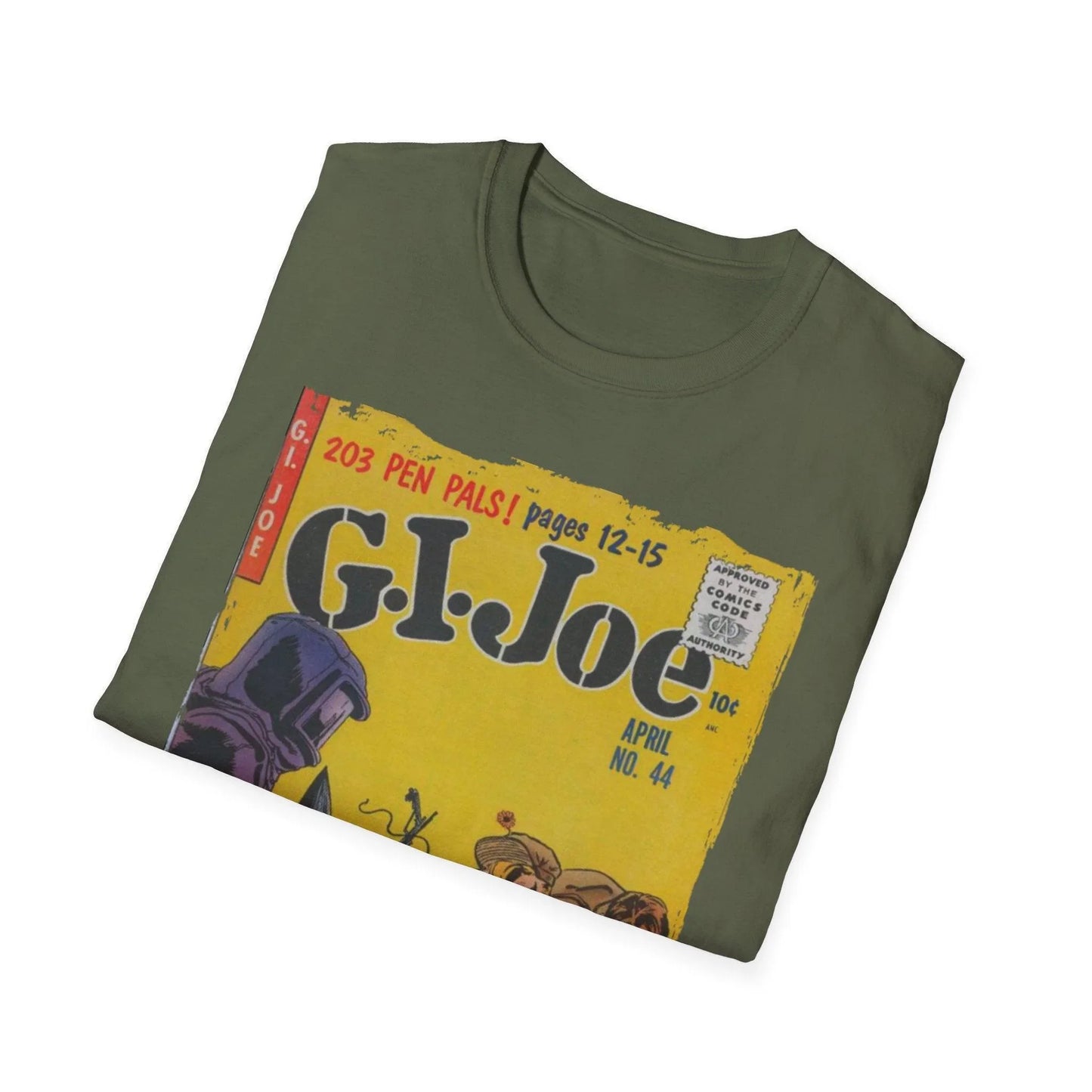 Close-up of the G.I. Joe No.44 unisex softstyle T-shirt's sewn label on the inside collar showing fabric blend and size info