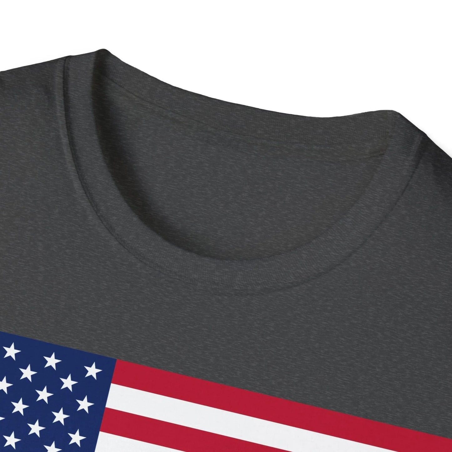 Close-up of the American Flag Heartbeat design on the chest area, highlighting vibrant red, white, and blue colors with