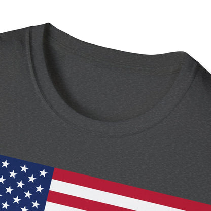 Close-up of the American Flag Heartbeat design on the chest area, highlighting vibrant red, white, and blue colors with
