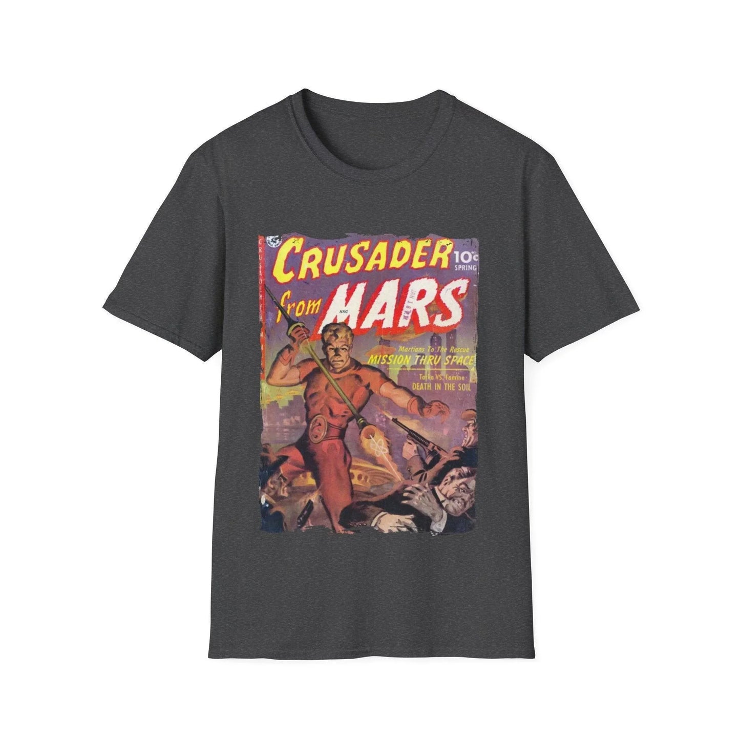 Close-up of the Crusader from Mars 1 T-shirt front neckline and sleeve seam showing soft cotton fabric and relaxed fit