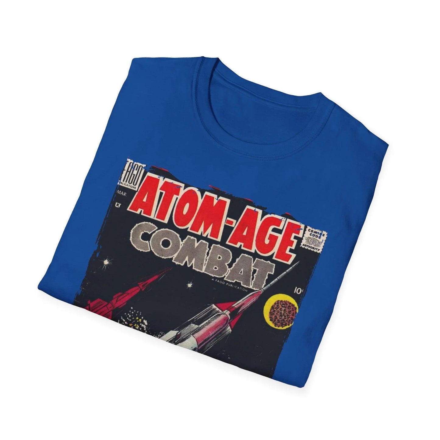 Close-up of the Atom-Age Combat No.3 unisex softstyle T-shirt's vibrant graphic print on the chest, showing fine screen