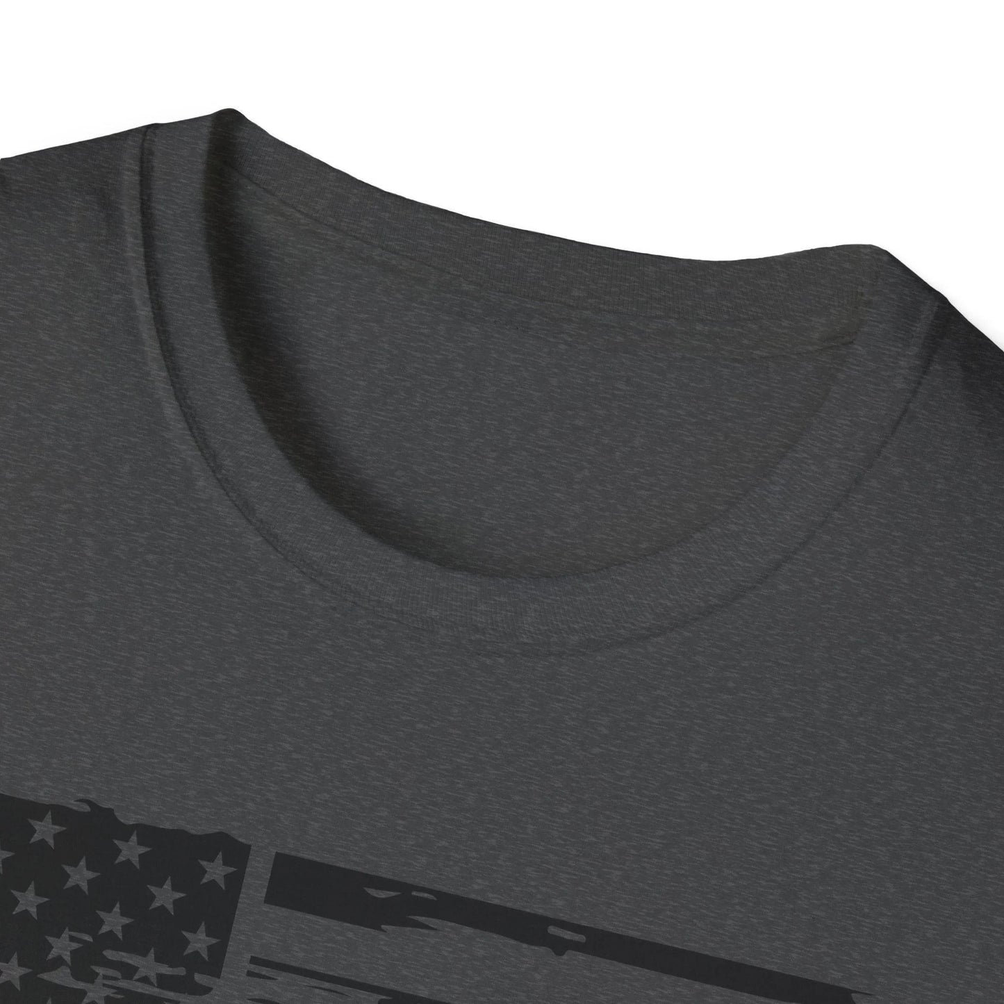 Close-up of distressed American flag black-and-white print on soft cotton fabric, highlighting textured faded design on