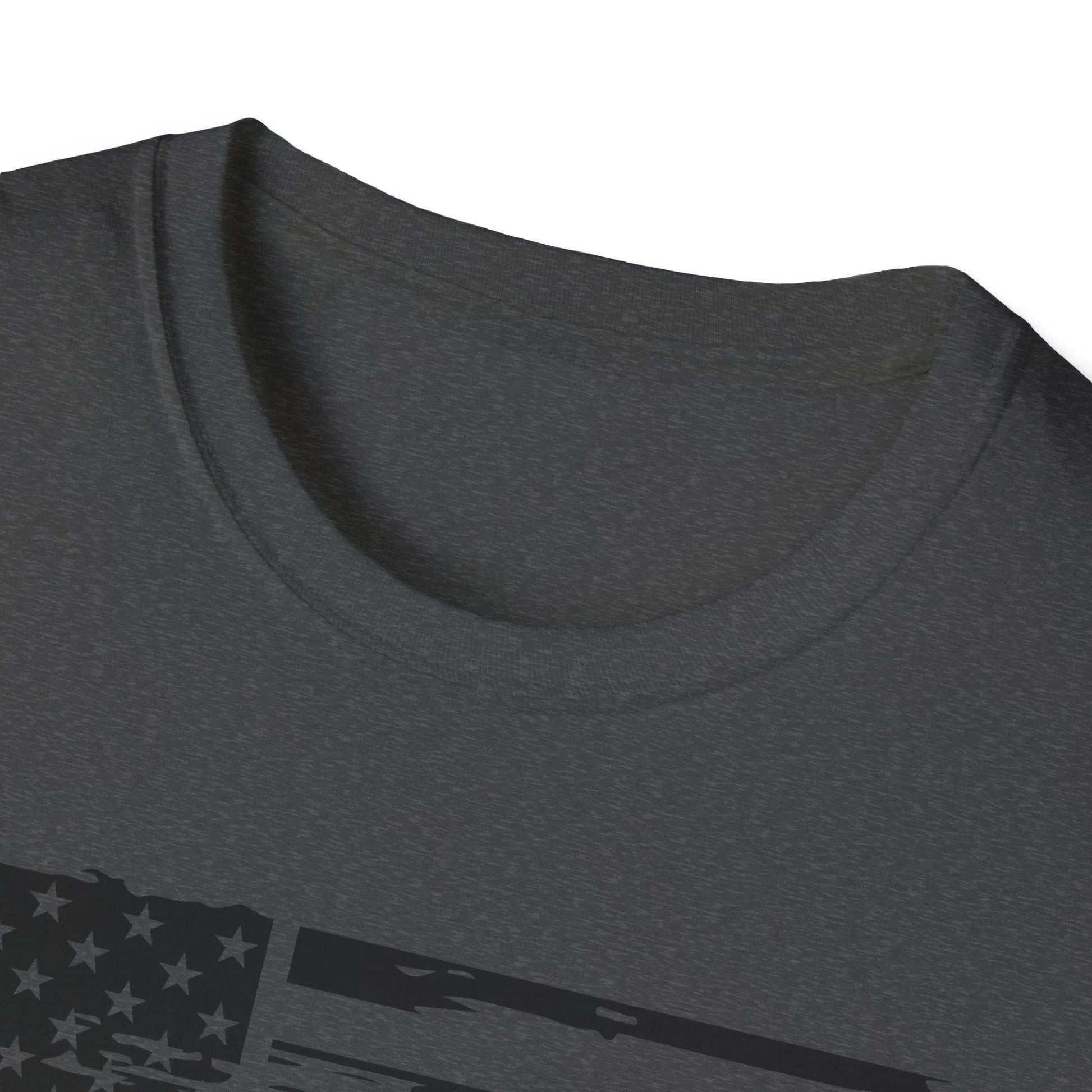 Close-up of distressed American flag black-and-white print on soft cotton fabric, highlighting textured faded design on
