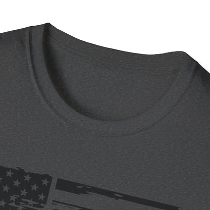 Close-up of distressed American flag black-and-white print on soft cotton fabric, highlighting textured faded design on
