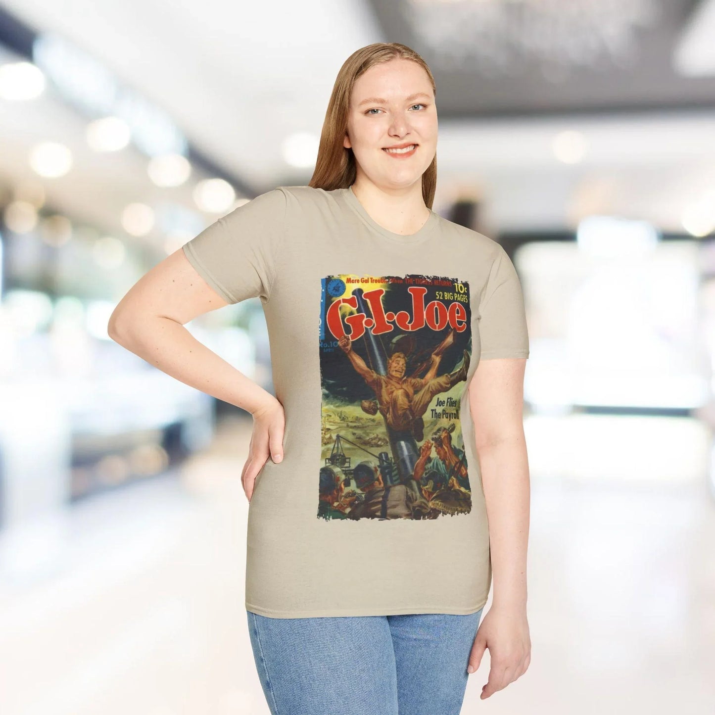 Close-up of the G.I. Joe No.10 Apr softstyle T-shirt’s relaxed fit hem showcasing lightweight heather fabric and subtle