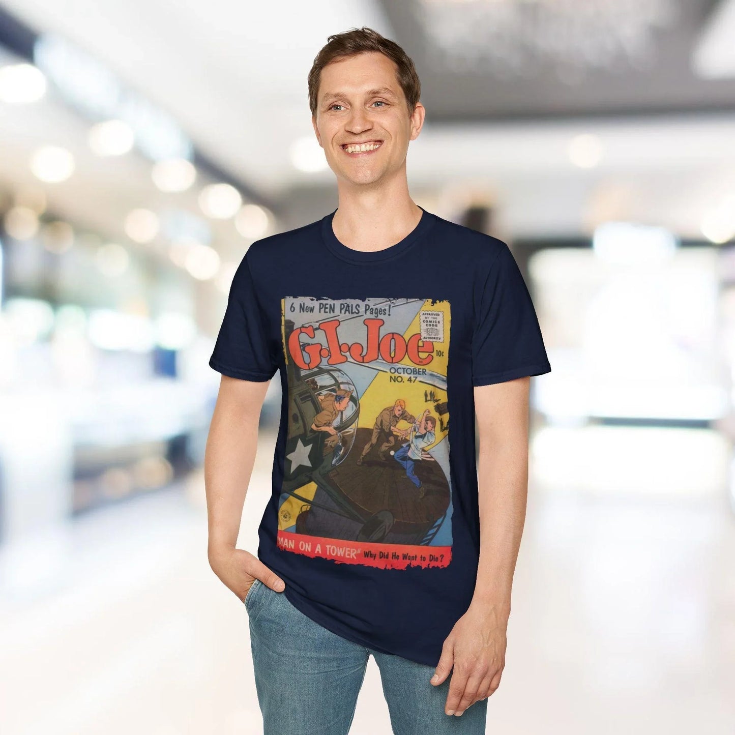 Close-up of the G.I. Joe No.47 softstyle T-shirt collar displaying the stitched neckline and subtle fabric texture in