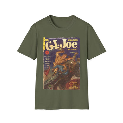 Close-up of the G.I. Joe No.8 softstyle T-shirt collar showing the relaxed fit, charcoal gray color, and smooth ribbed