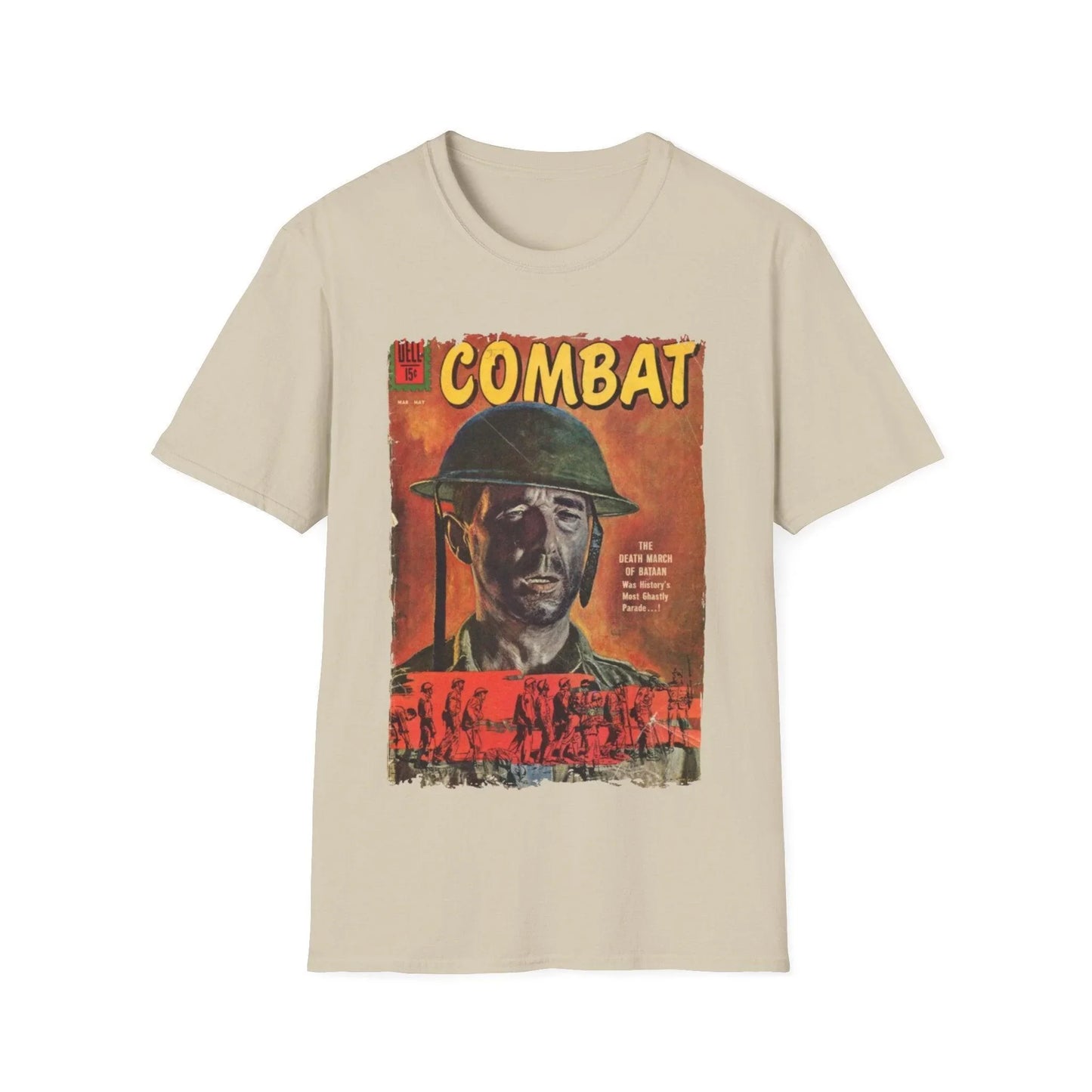 Close-up of the unisex softstyle fabric tag and subtle stitching details on the chest area of the Combat May 1961 T-shirt in