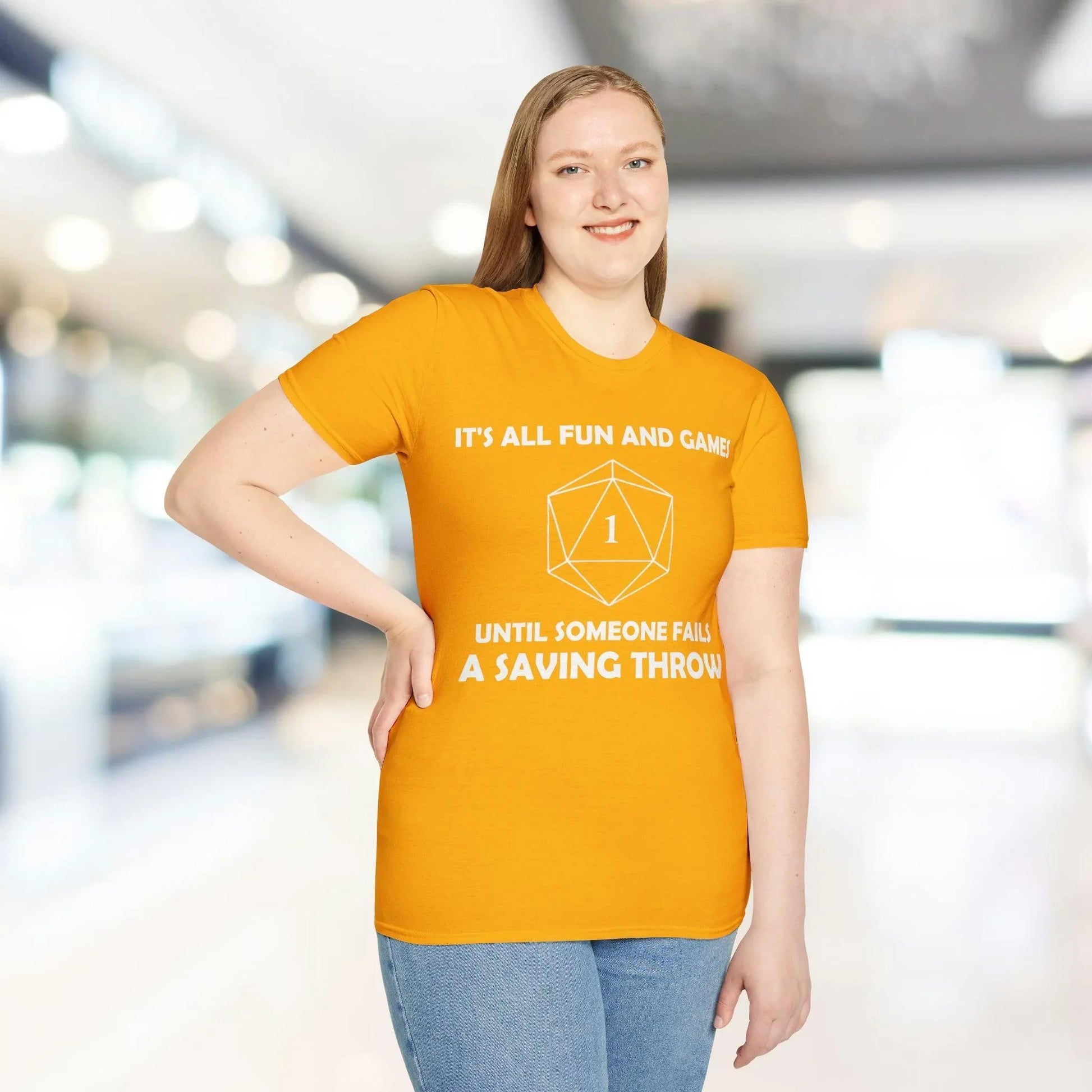 Close-up of the White All Fun and Games unisex T-shirt neckline displaying reinforced seam and smooth fabric texture at the