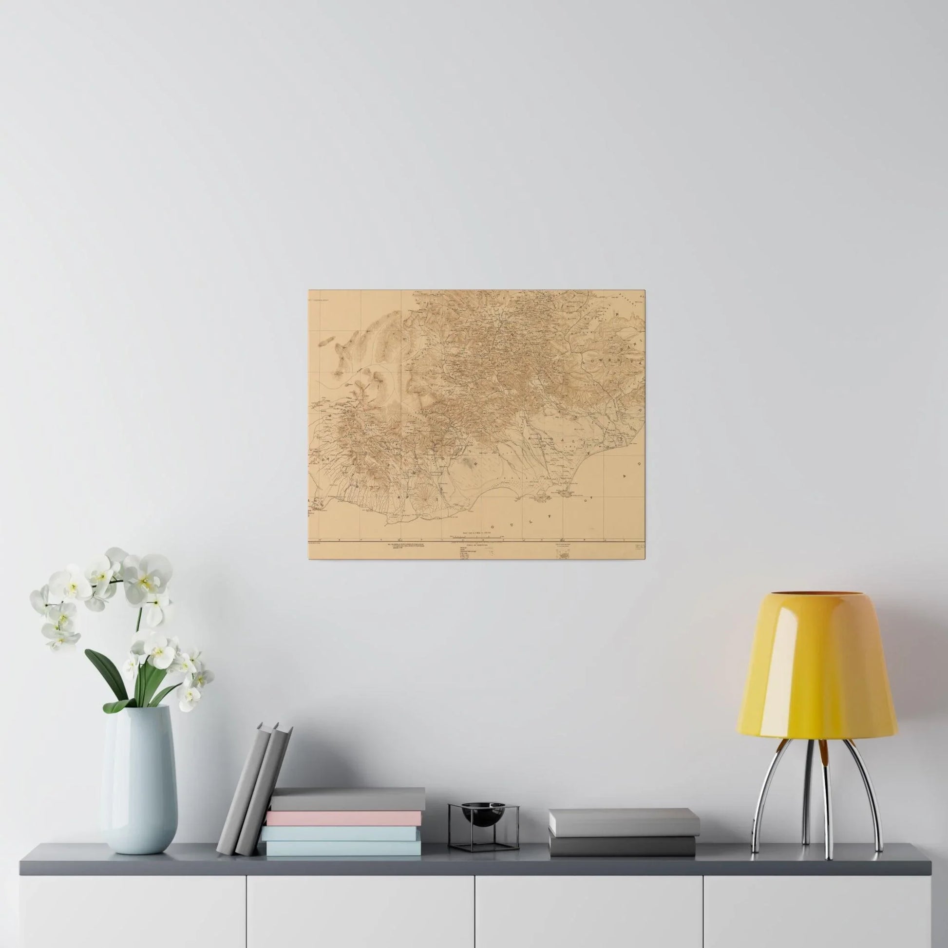 Close-up of detailed map texture on the Aden Protectorate canvas highlighting the intricate linework and aged finish.