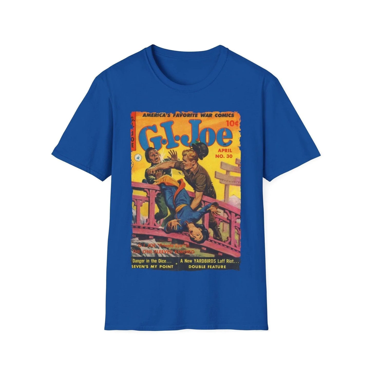 Close-up of the G.I. Joe No.30 unisex softstyle T-shirt's relaxed fit and bright red color fabric from the sleeve edge