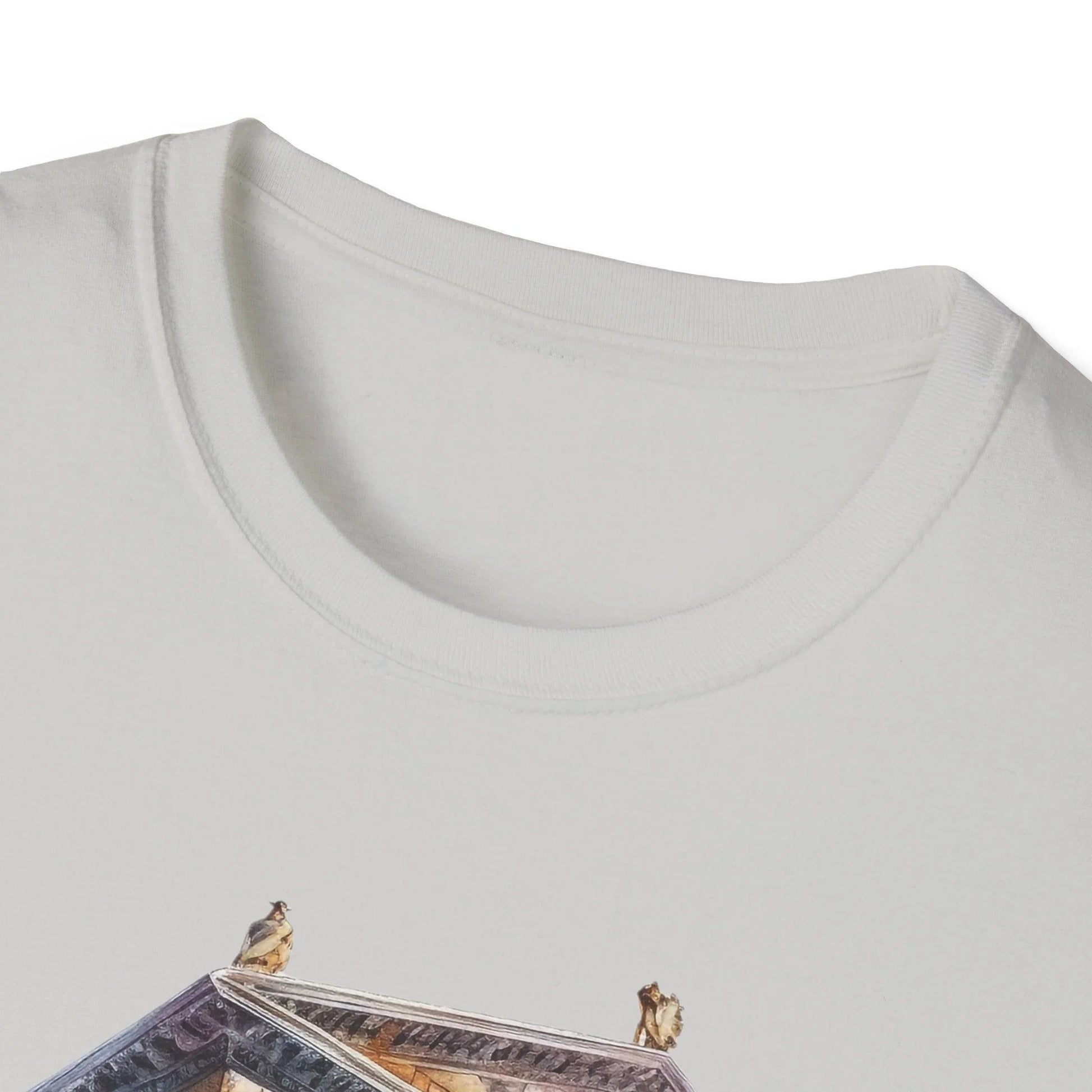 Close-up of the unisex relaxed fit T-shirt's navy fabric showing subtle texture and soft cotton blend detail around the crew