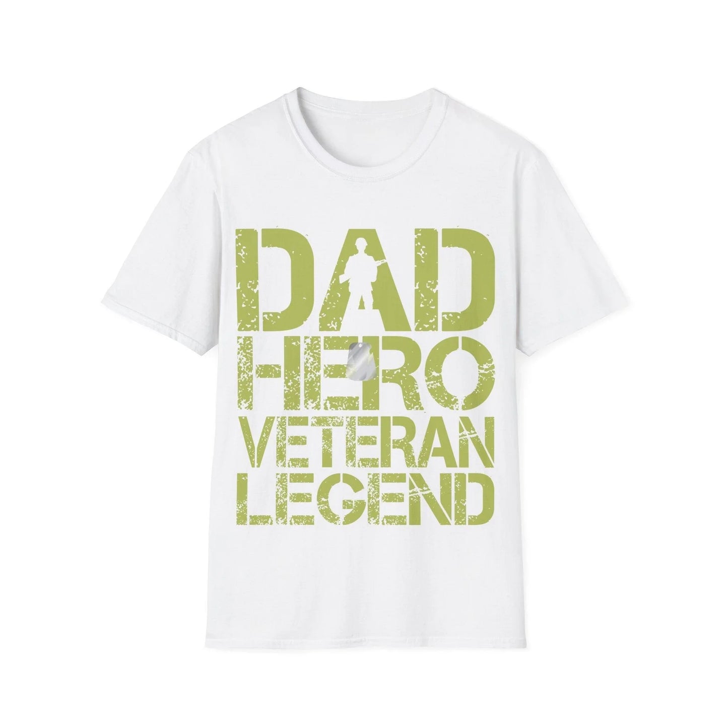 Close-up of the unisex soft cotton fabric displaying the vibrant "Dad Hero Veteran Legend" print with reinforced neckline