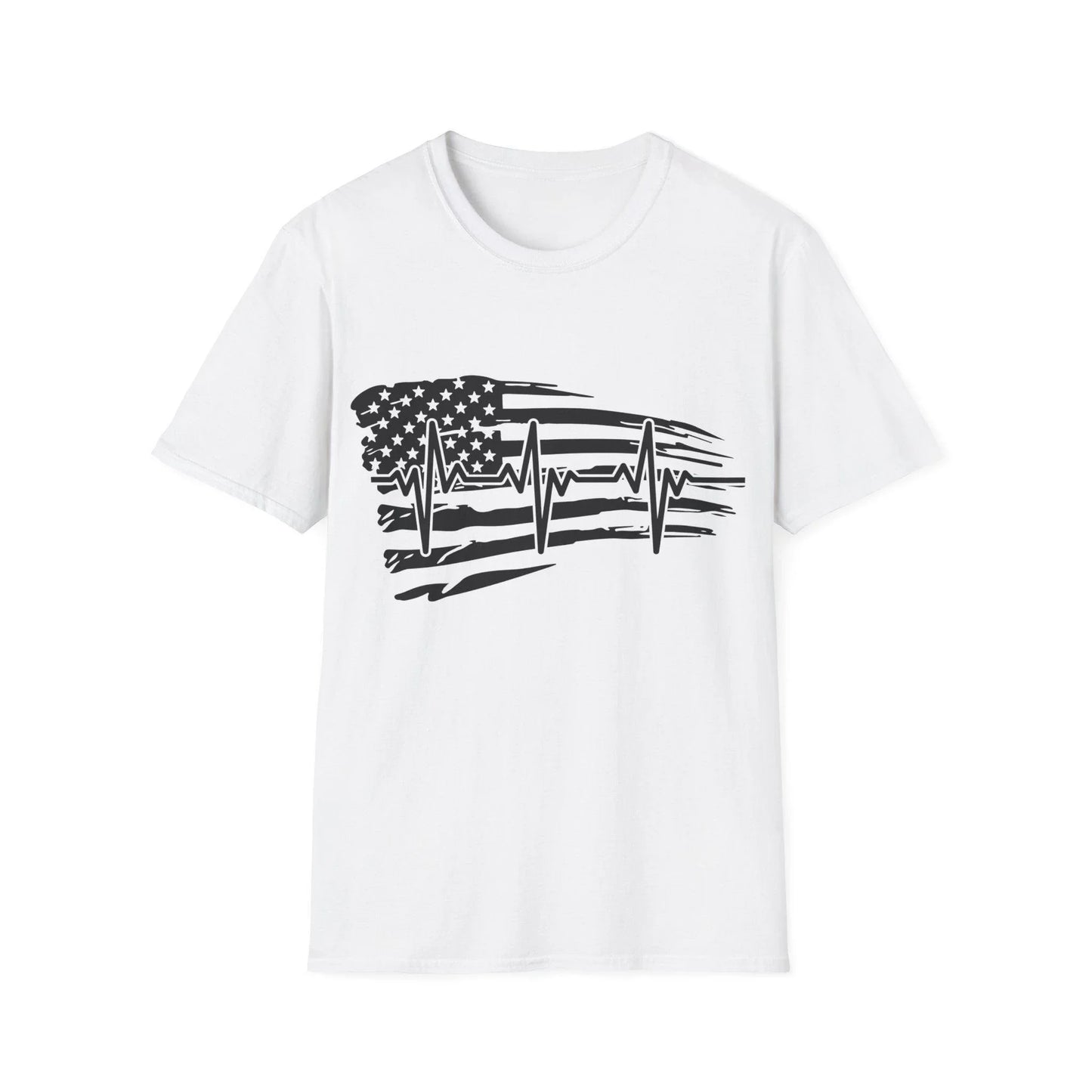 Printify distressed black and white flag heartbeat unisex cotton crew neck T-shirt with regular fit and short sleeves