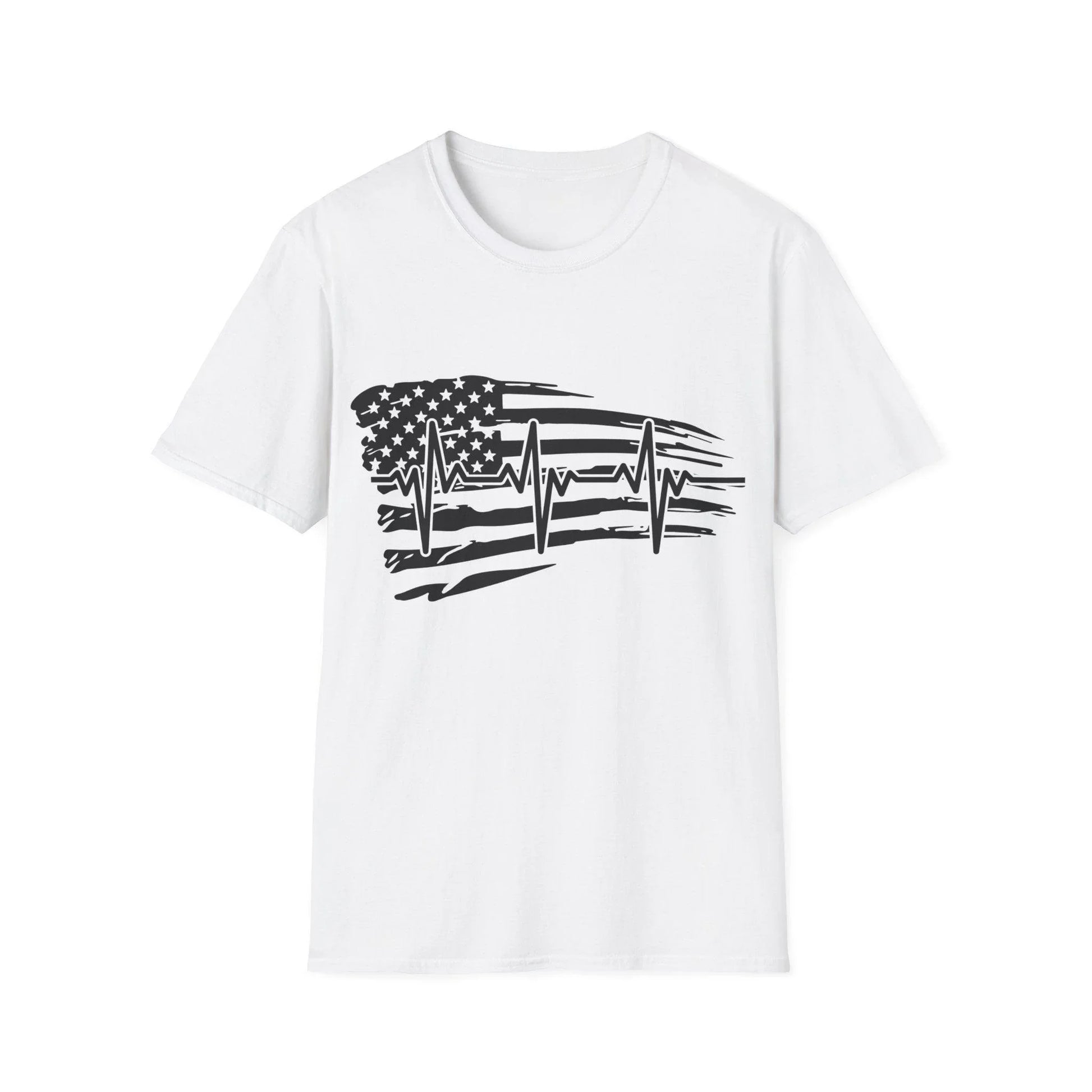 Printify distressed black and white flag heartbeat unisex cotton crew neck T-shirt with regular fit and short sleeves