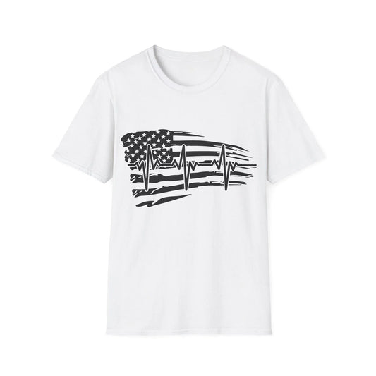 Printify distressed black and white flag heartbeat unisex cotton crew neck T-shirt with regular fit and short sleeves
