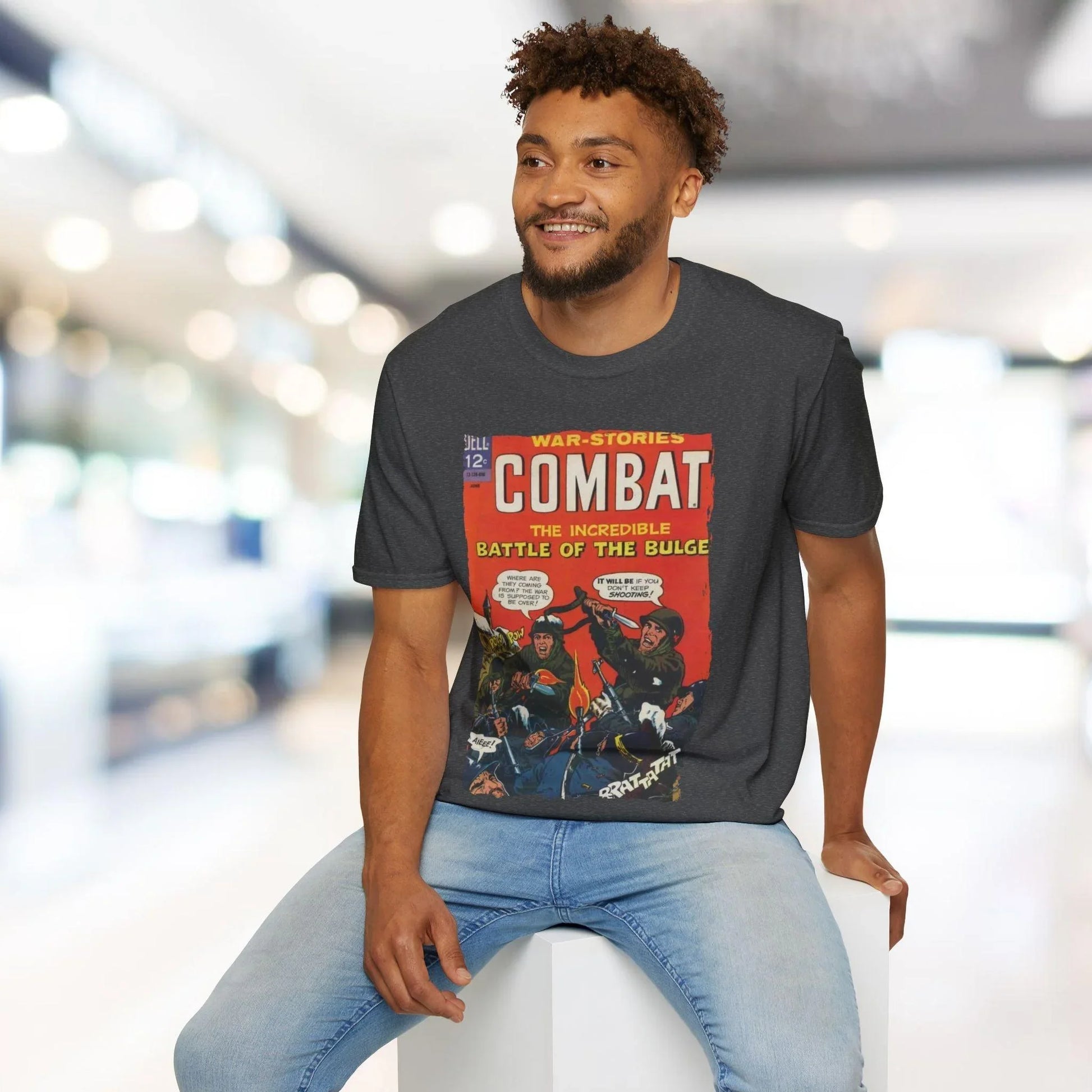 Close-up of the Combat June 1966 unisex softstyle T-shirt neckline and shoulder seam, showcasing smooth fabric and precise