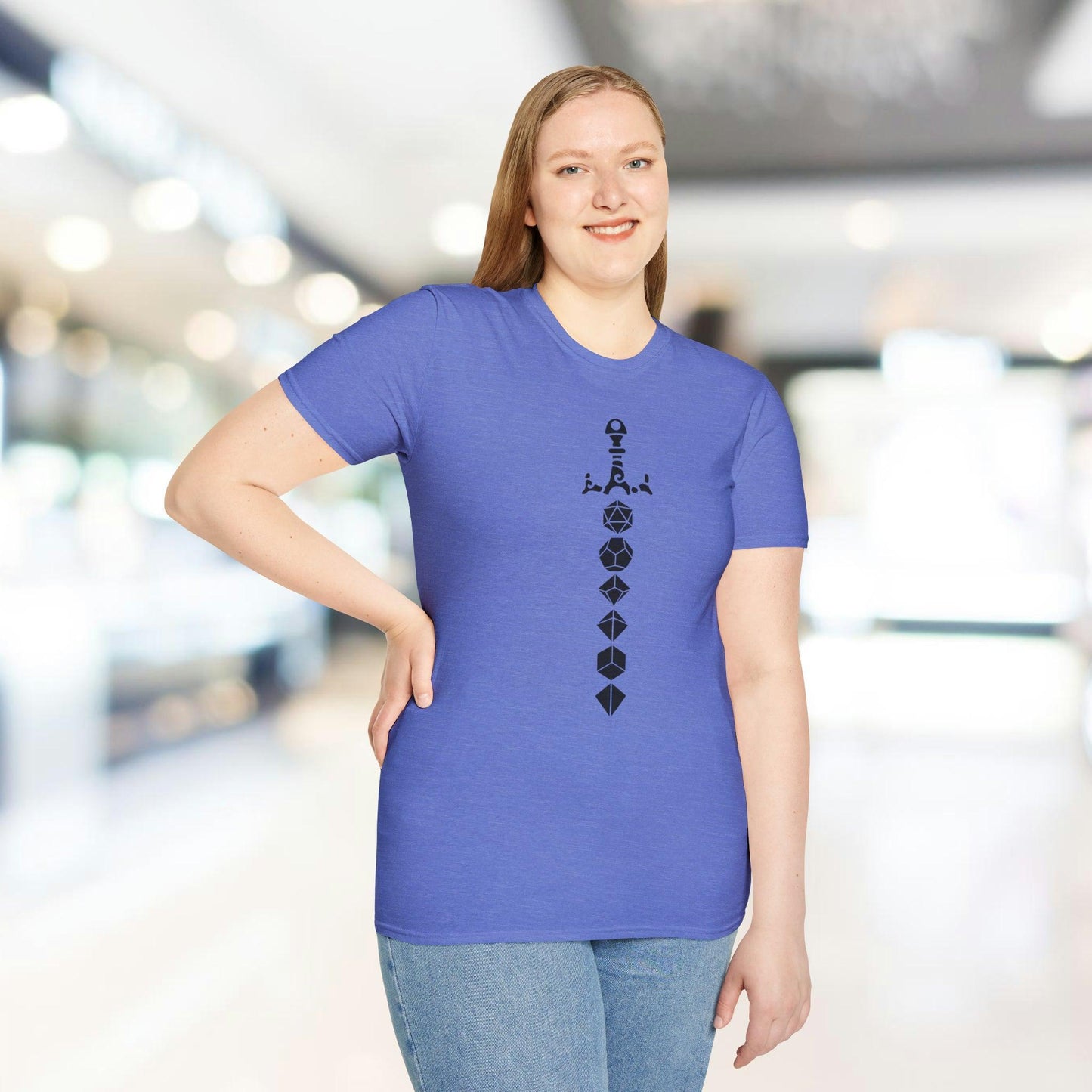 Close-up of the black fabric showing smooth texture and subtle heather pattern on the Dice Sword T-Shirt's chest graphic