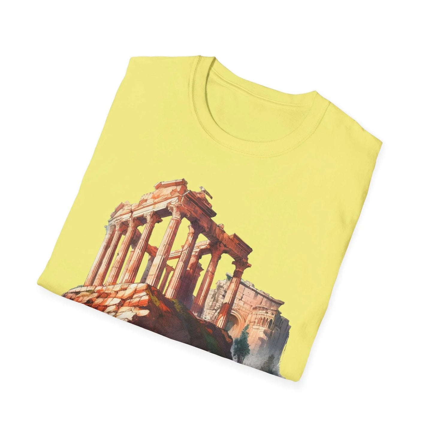 Close-up of the unisex softstyle fabric showing the smooth, relaxed fit with deep navy color and subtle weave texture from a