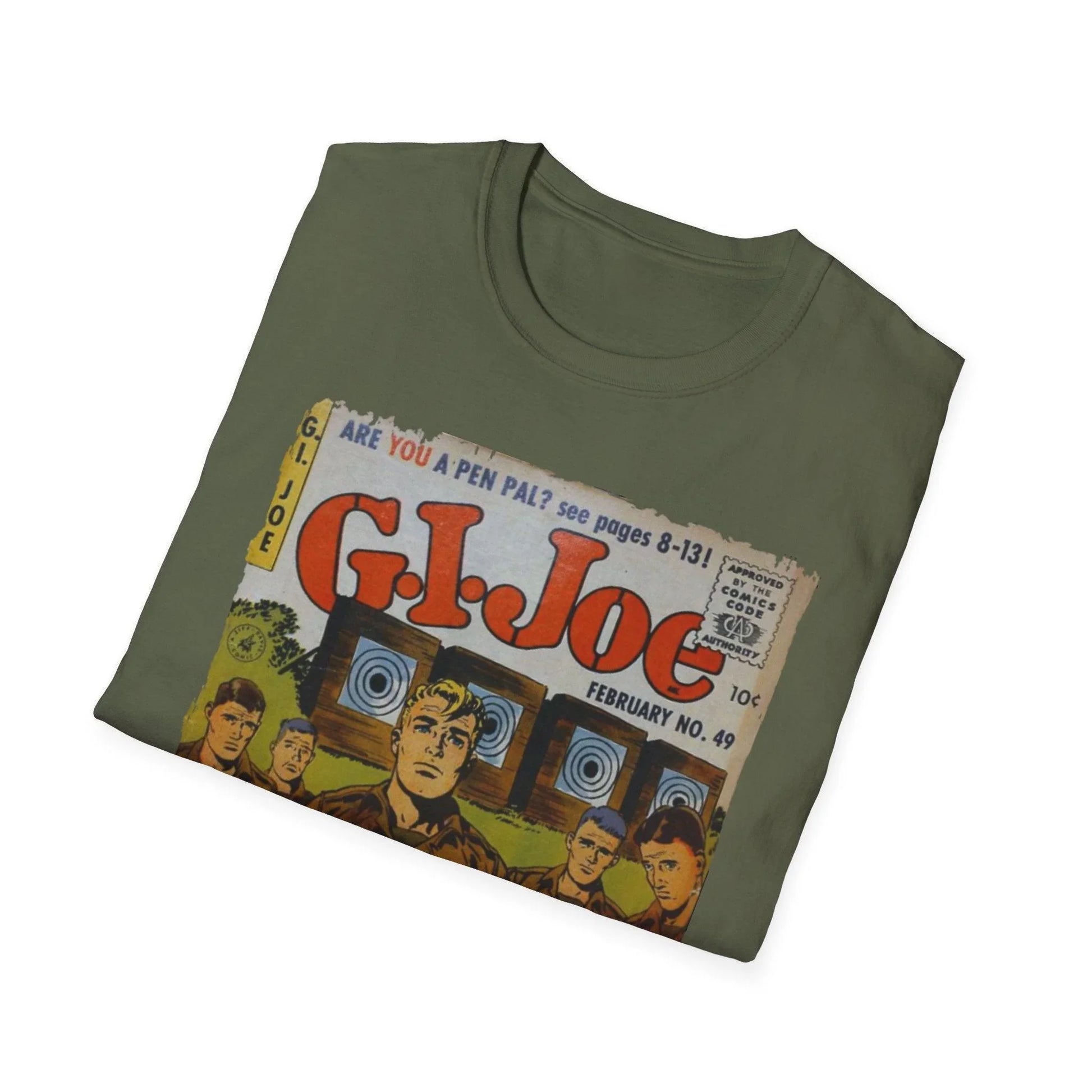 Close-up of the G.I. Joe No.49 softstyle T-shirt’s collar revealing navy color, smooth seam stitching, and comfortable crew