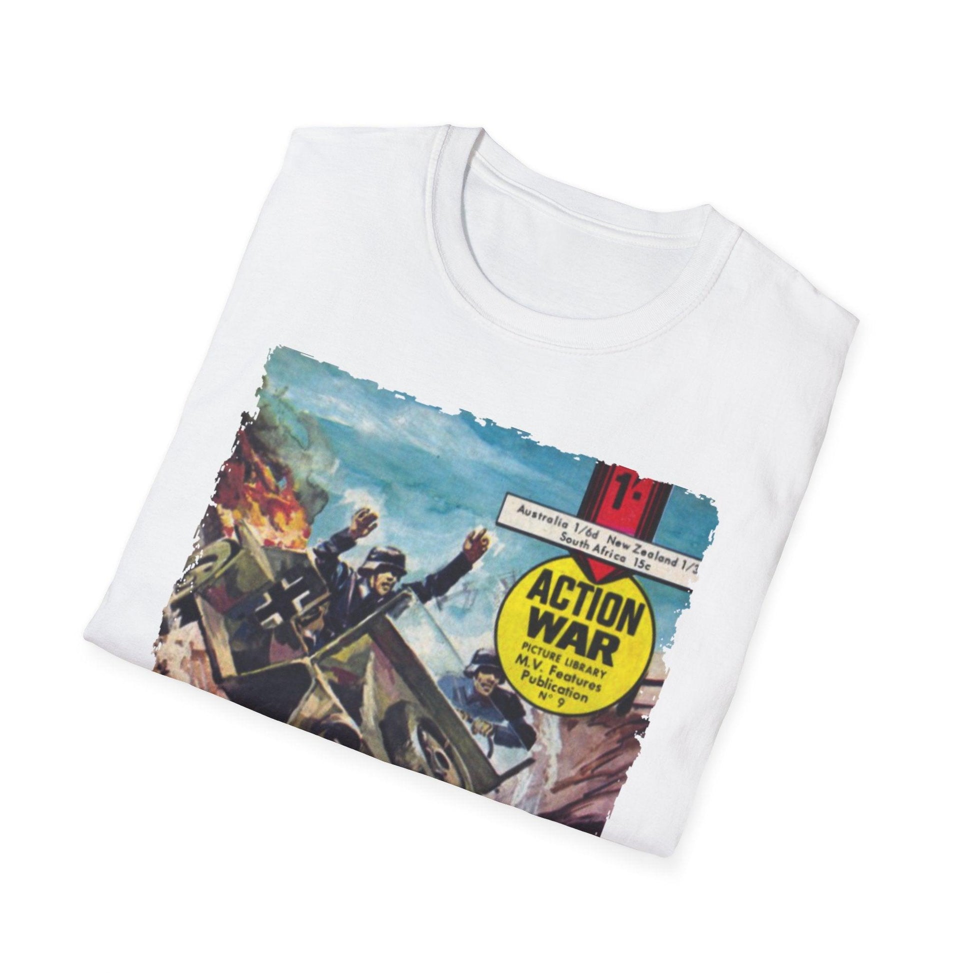 Close-up of the unisex softstyle T-shirt's radiant red fabric and smooth stitching along the crew neckline from a slightly