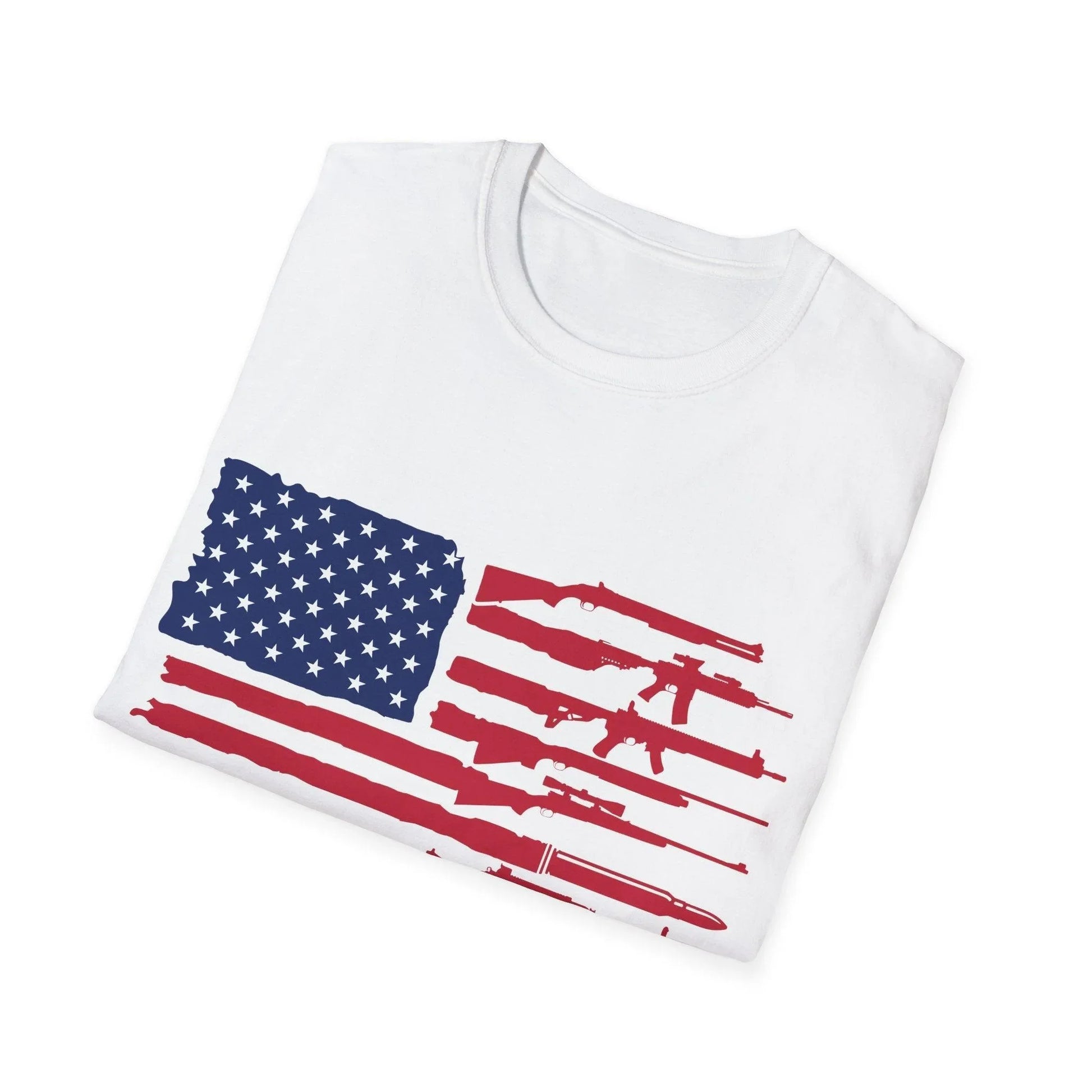 Close-up of the American flag guns graphic printed on the chest of the unisex softstyle T-shirt with relaxed fit and vibrant