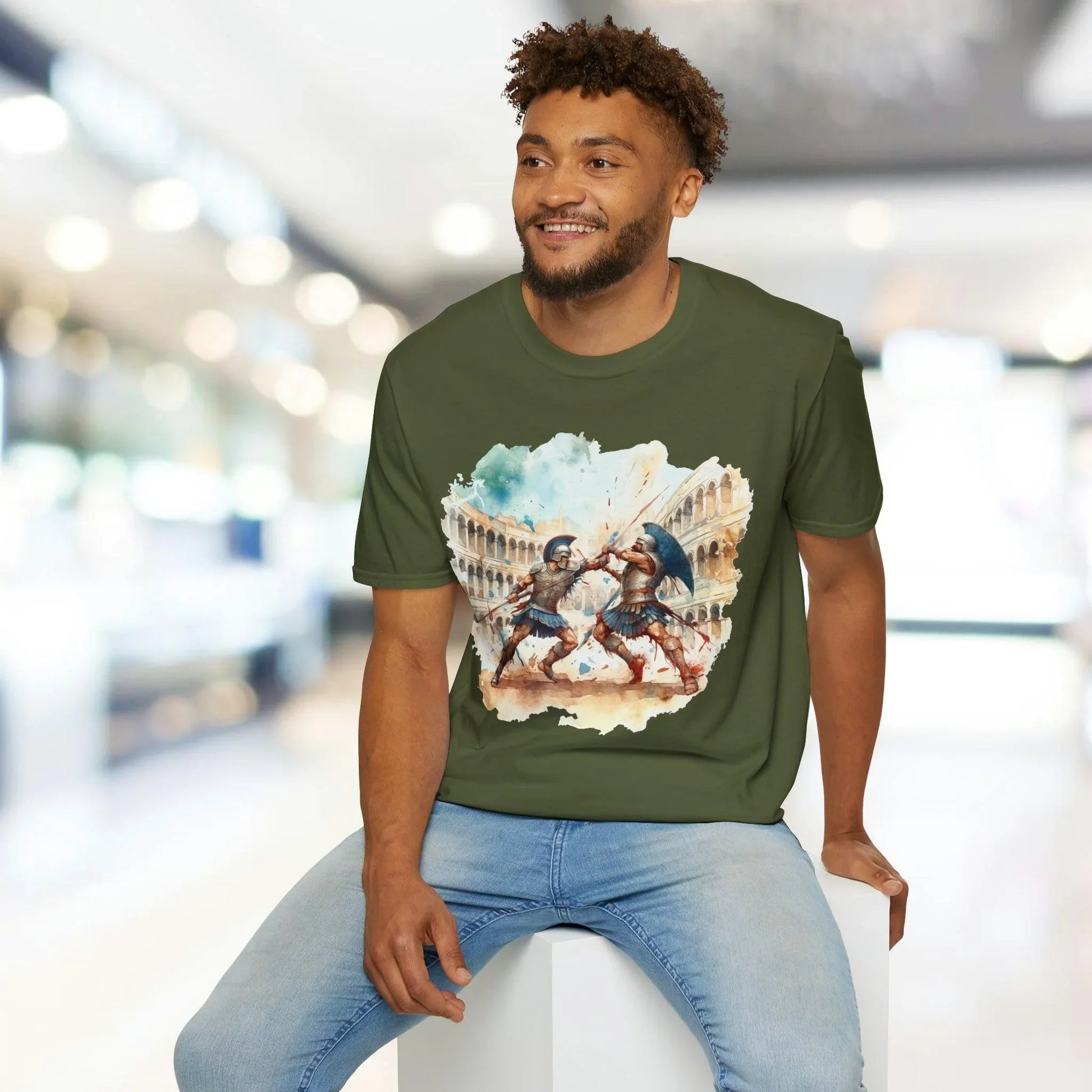 Close-up of the unisex slim-fit T-shirt tag revealing "Ancient Gladiators" branding on soft, heather slate fabric at the