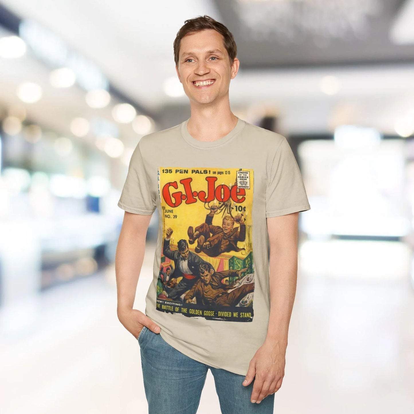 Close-up of the G.I. Joe No.39 unisex softstyle T-shirt’s fabric weave and navy blue color from a slightly angled overhead