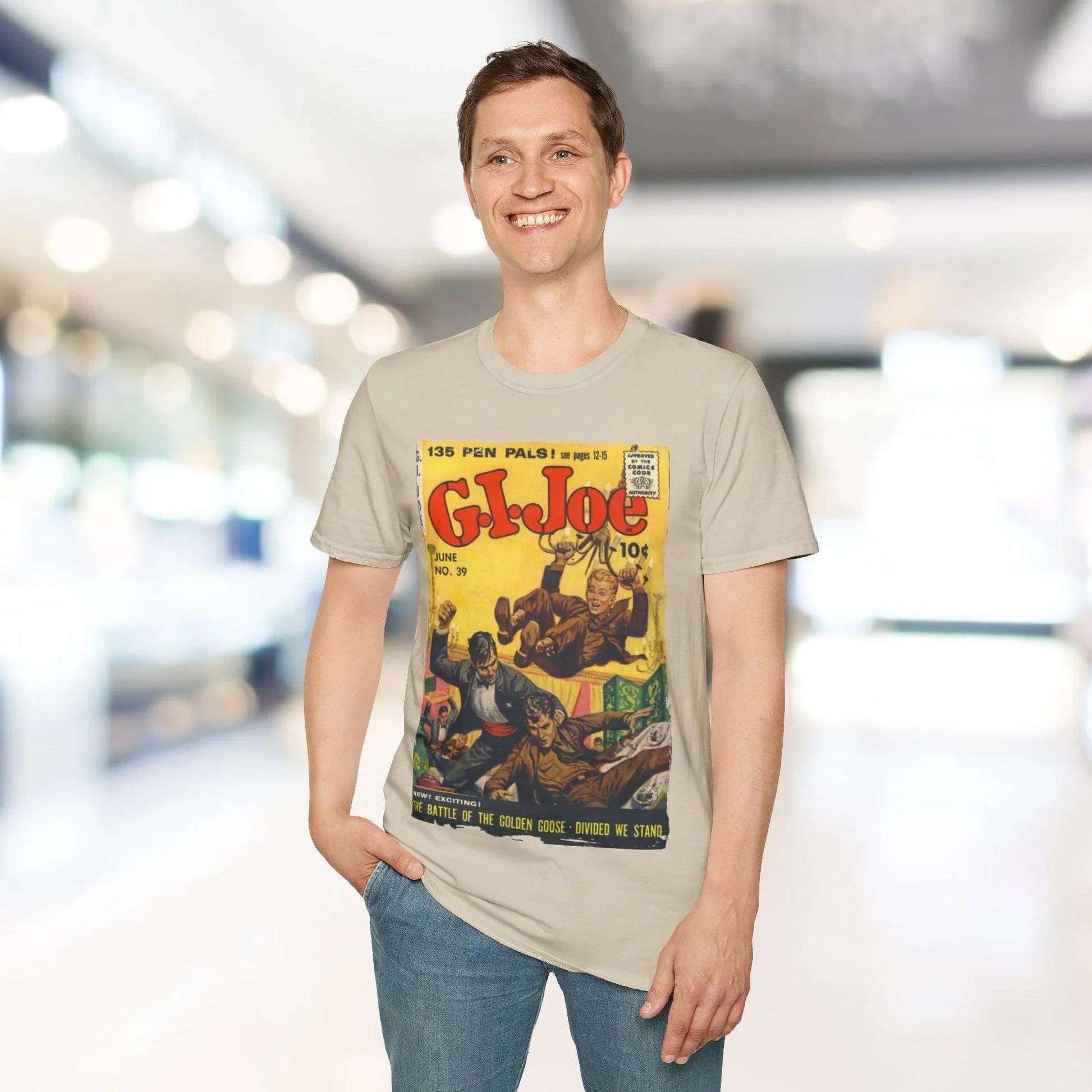 Close-up of the G.I. Joe No.39 unisex softstyle T-shirt’s fabric weave and navy blue color from a slightly angled overhead