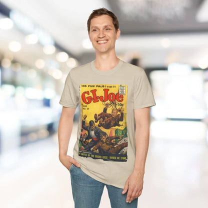 Close-up of the G.I. Joe No.39 unisex softstyle T-shirt’s fabric weave and navy blue color from a slightly angled overhead