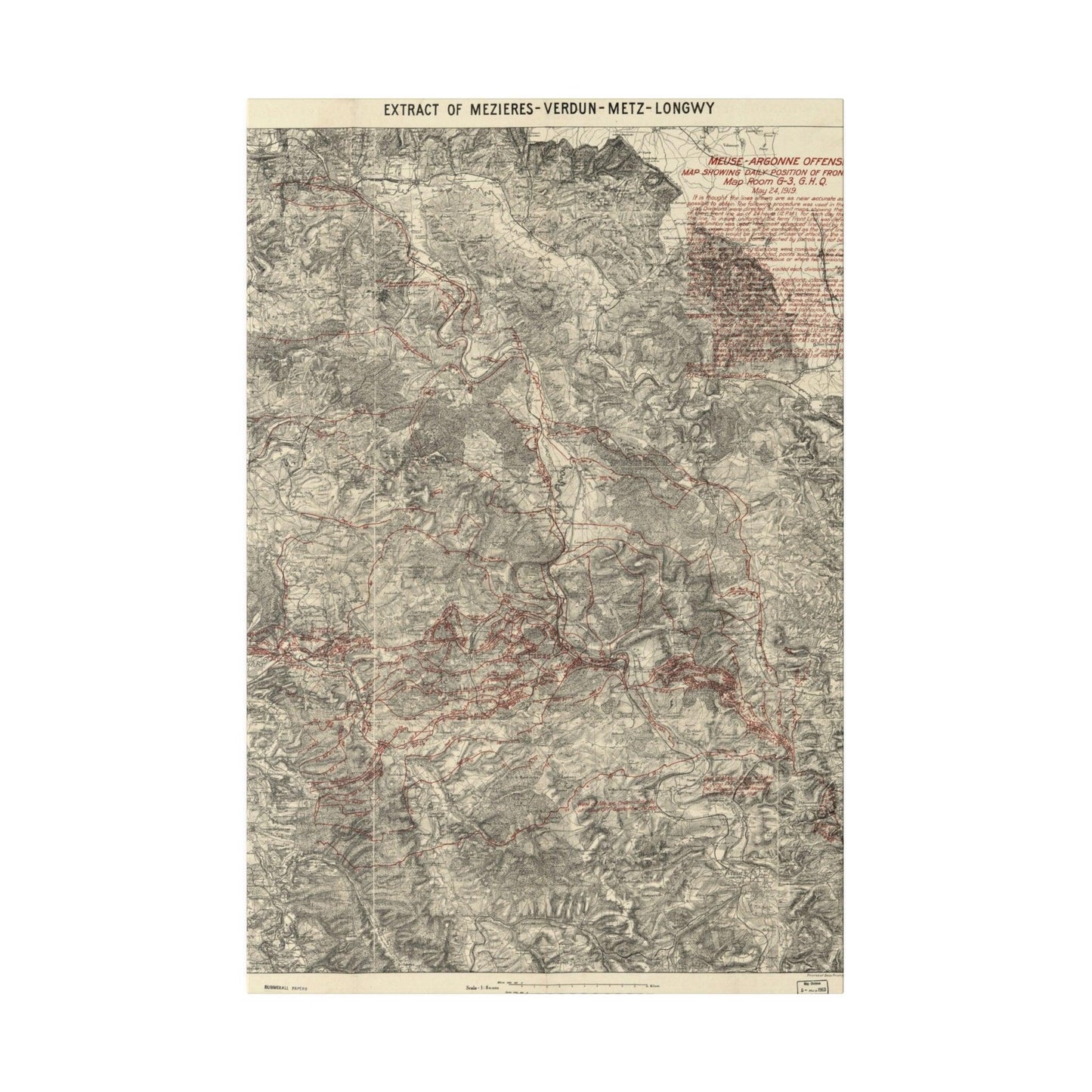 Close-up of the map’s textured canvas surface highlighting detailed line work and faded ink markings.