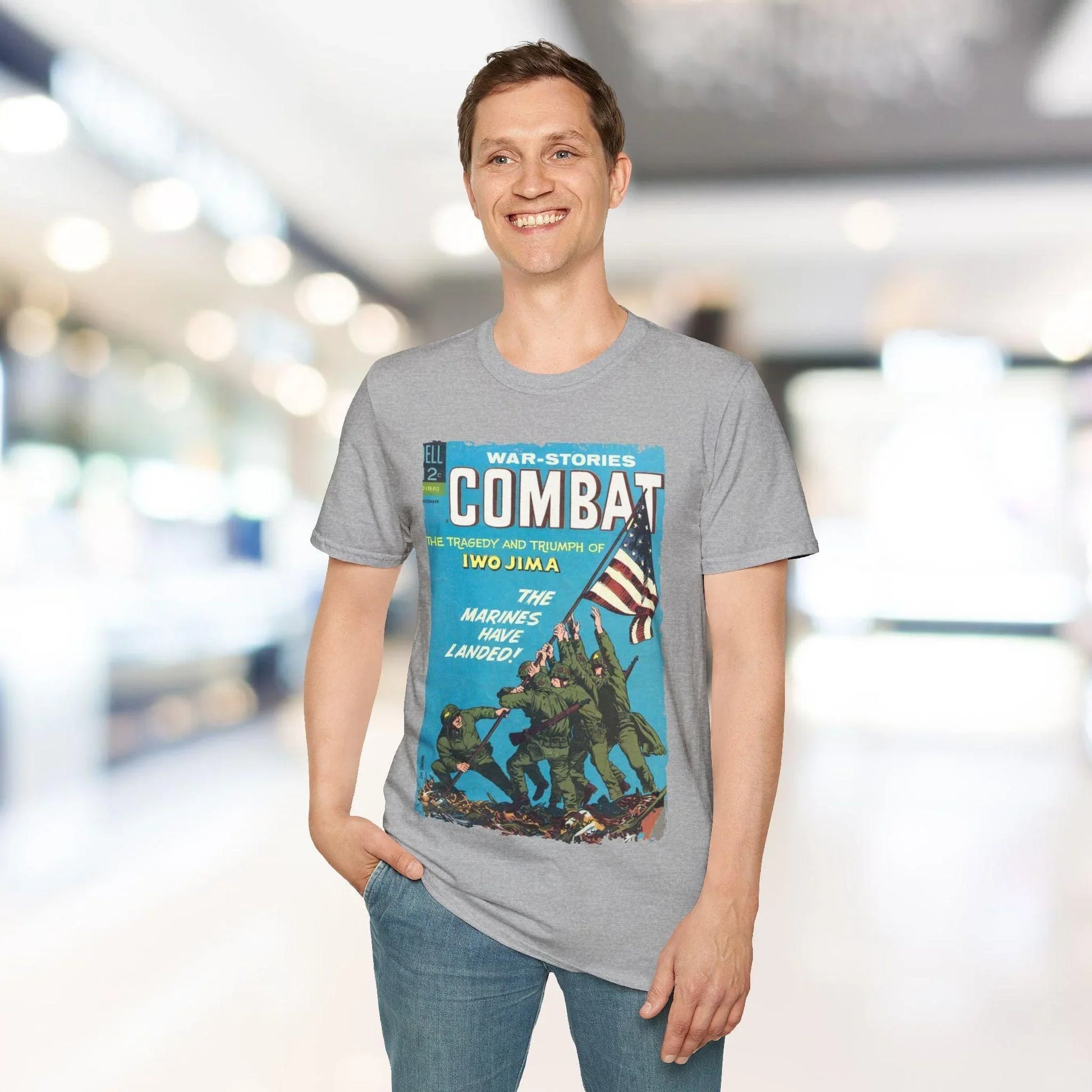 Close-up of the soft cotton fabric and reinforced collar detailing on the light grey Combat Dec 1966 T-Shirt from a