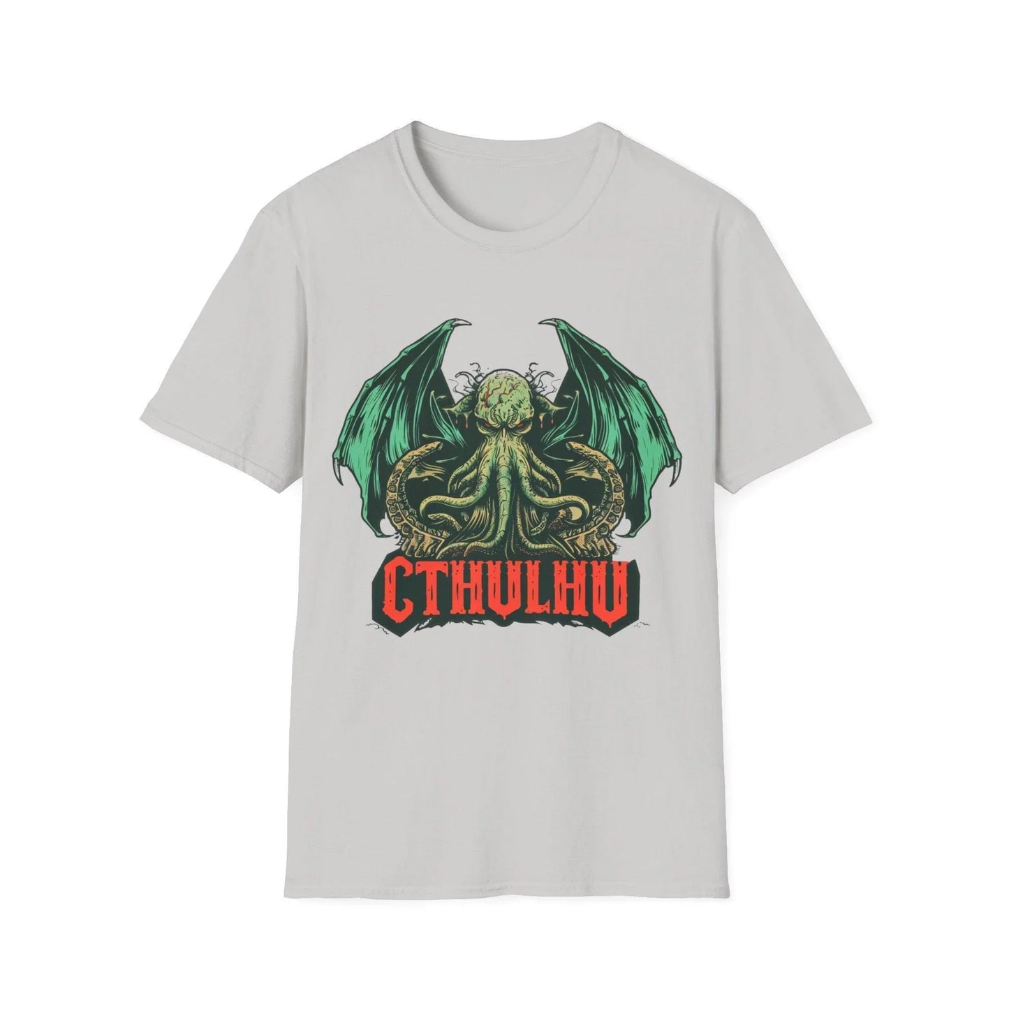Close-up of the black Cthulhu graphic printed on soft navy cotton fabric, highlighting vibrant retro-style art and slim fit