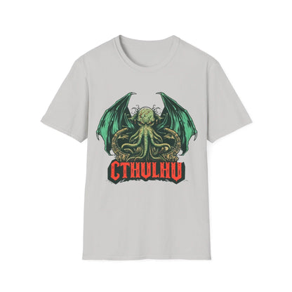 Close-up of the black Cthulhu graphic printed on soft navy cotton fabric, highlighting vibrant retro-style art and slim fit
