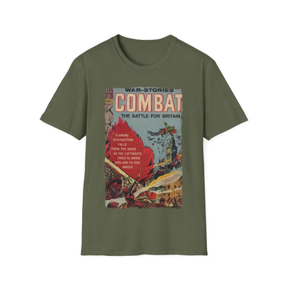 Close-up of the Combat July 1965 T-shirt’s front neckline featuring the sewn-in label and smooth cotton-blend fabric in