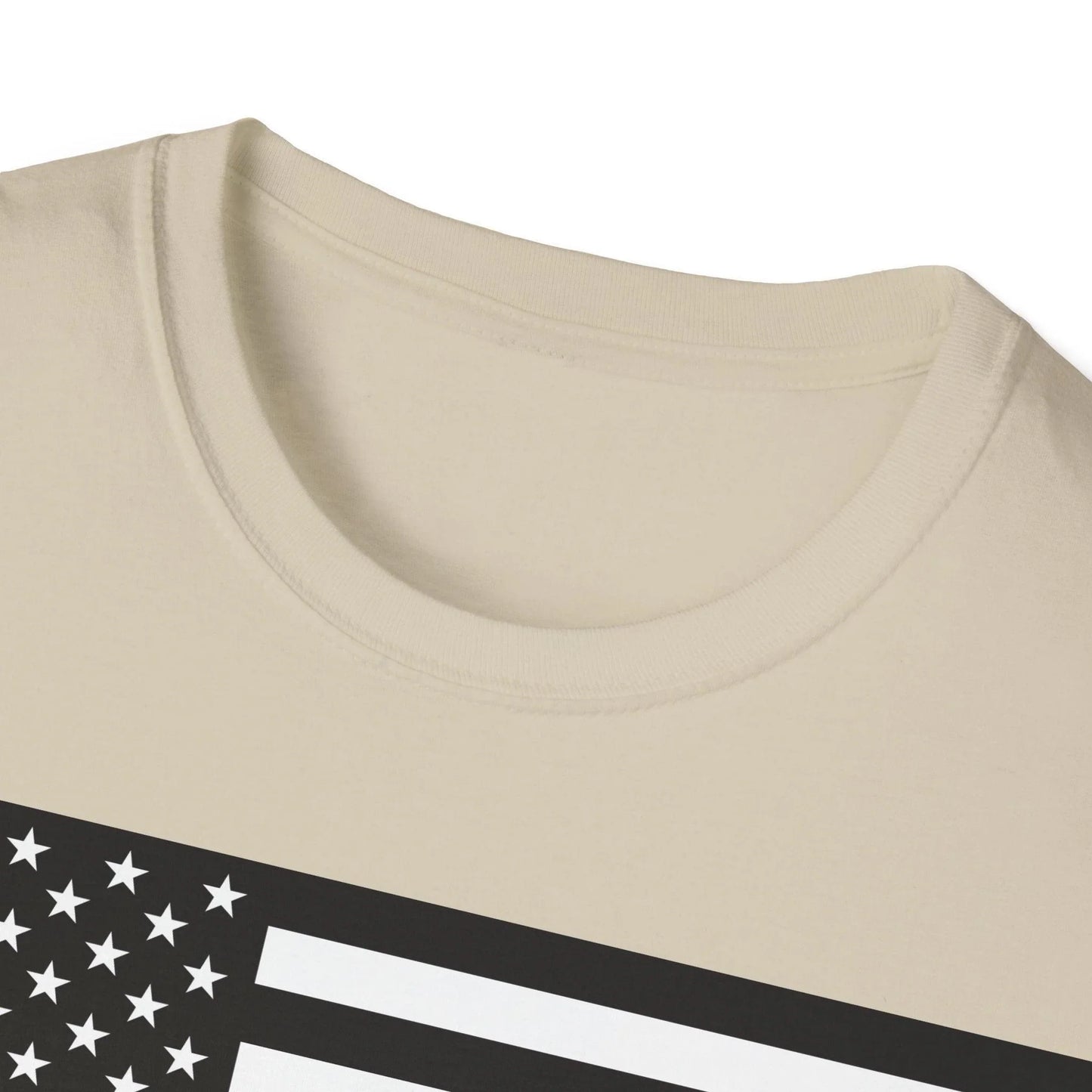 Close-up of black and white American flag heartbeat graphic on the chest, showcasing intricate line details and crisp print