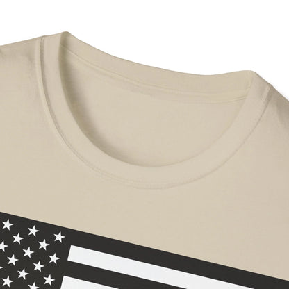 Close-up of black and white American flag heartbeat graphic on the chest, showcasing intricate line details and crisp print