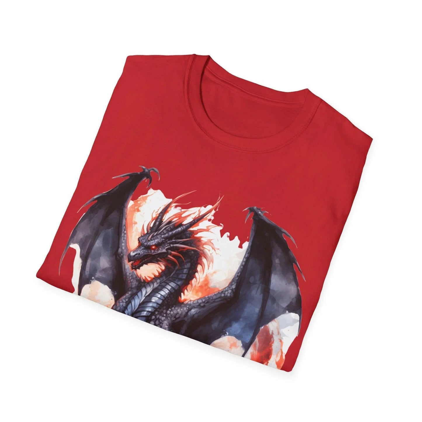 Close-up of the unisex slim fit T-shirt neckline showcasing vibrant dragon graphic detail and smooth heather fabric texture.