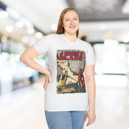 Close-up of the Jeremy Blade unisex softstyle T-shirt’s breathable cotton fabric and relaxed fit neckline from a slight