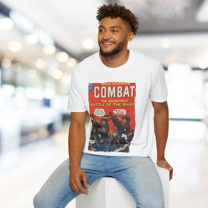 Close-up of the Combat June 1966 T-shirt's inner neckline tag revealing fabric composition and size details.