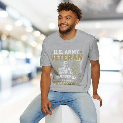 Close-up of the Army Defender of Freedom unisex softstyle T-shirt chest logo in vibrant olive green, highlighting the smooth