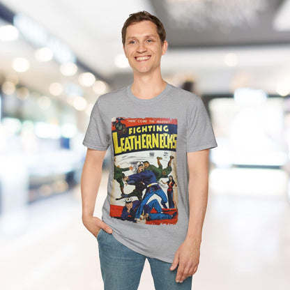 Close-up of the unisex softstyle T-shirt’s neckline and shoulder seam in deep navy, highlighting smooth fabric and neat