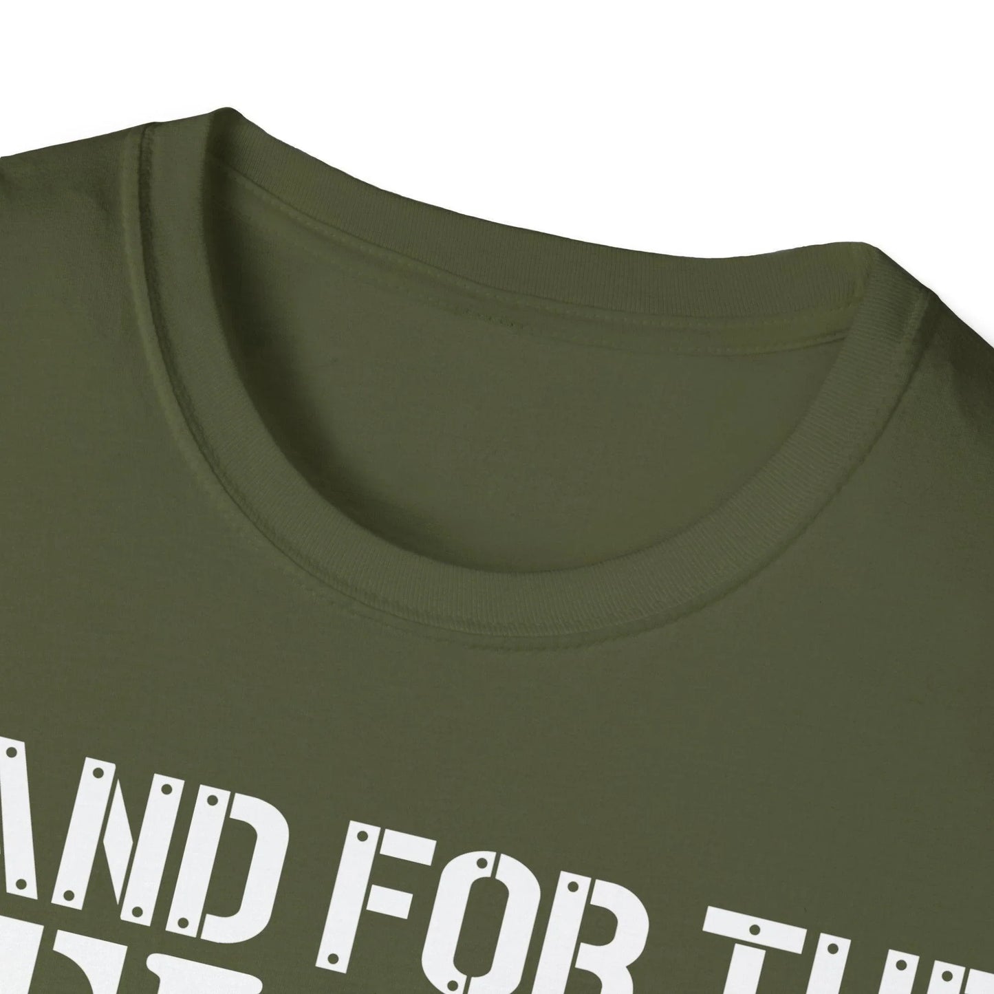 Close-up of the unisex softstyle fabric displaying smooth texture and subtle heather effect in navy blue from a lower angle.