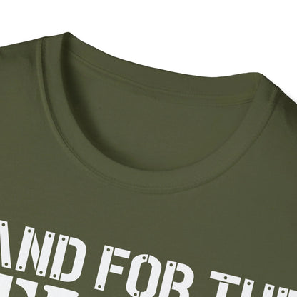 Close-up of the unisex softstyle fabric displaying smooth texture and subtle heather effect in navy blue from a lower angle.