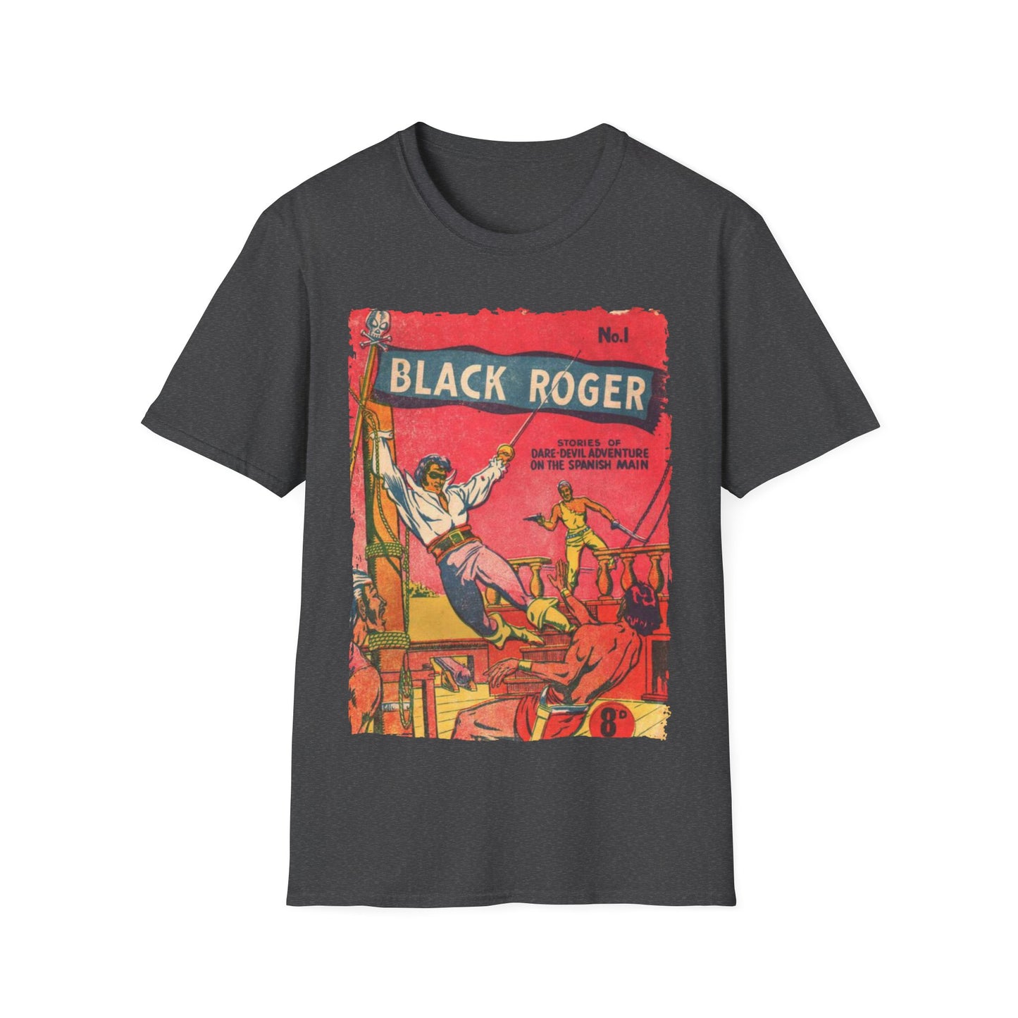 Close-up of the Black Roger No.1 unisex softstyle T-shirt’s neckline revealing subtle stitching and smooth fabric texture