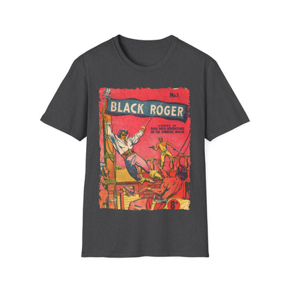 Close-up of the Black Roger No.1 unisex softstyle T-shirt’s neckline revealing subtle stitching and smooth fabric texture