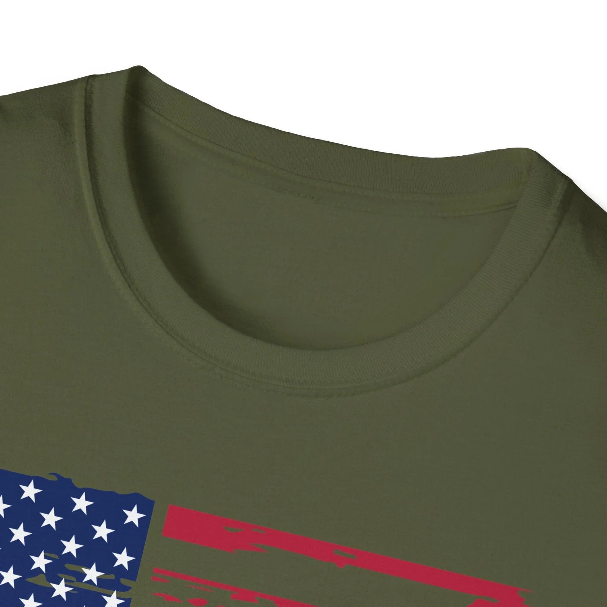 Close-up of distressed American flag graphic on soft, heather gray unisex T-shirt showing vibrant colors and detailed fabric